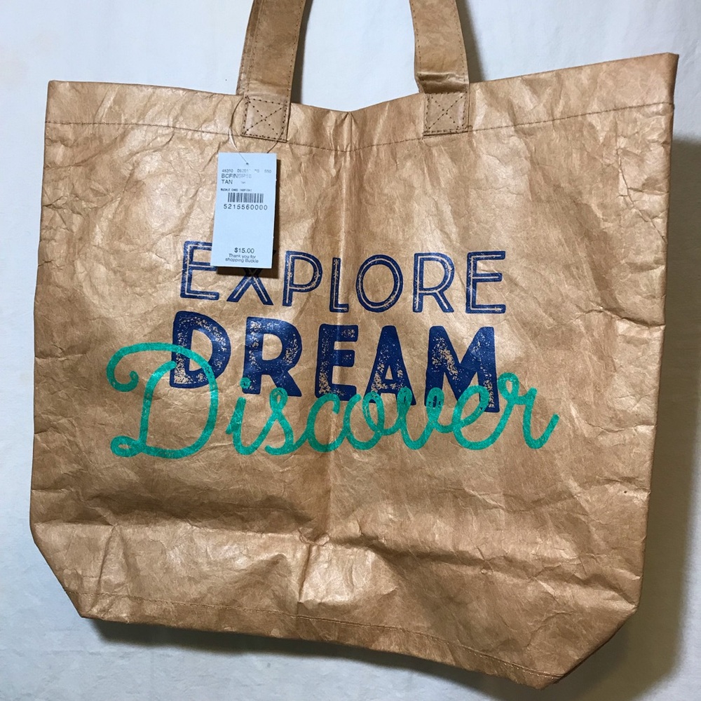 NEW The Buckle Tote Bag Brown Paper Look NWT Explore Dream Discover Beach Summer